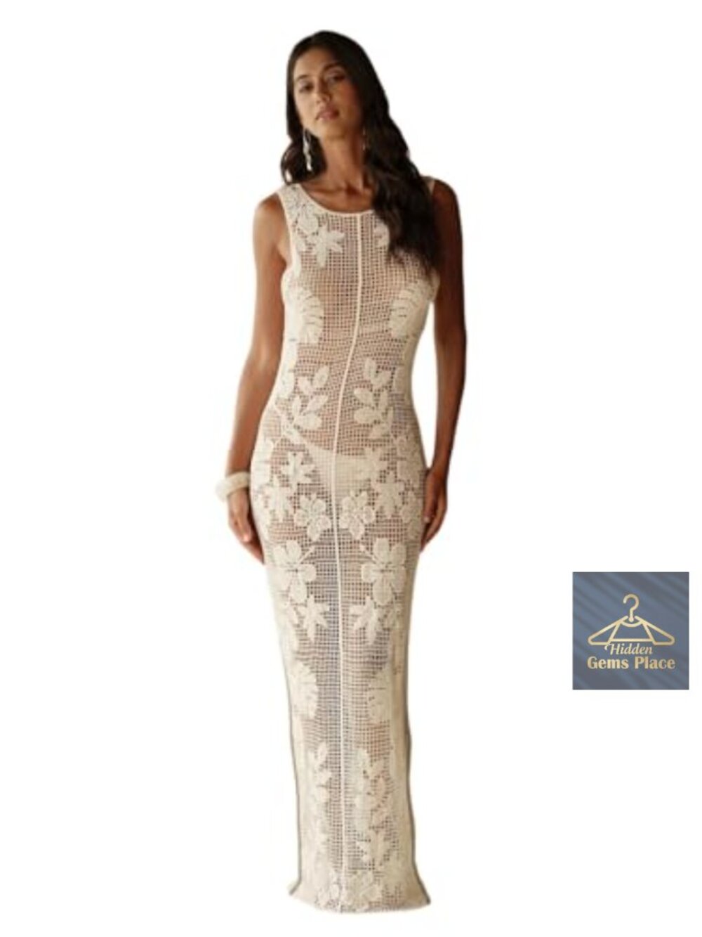 Women's Floral Crochet Sheer Hollow Out Sleeveless Beach Cover Up Maxi Dress